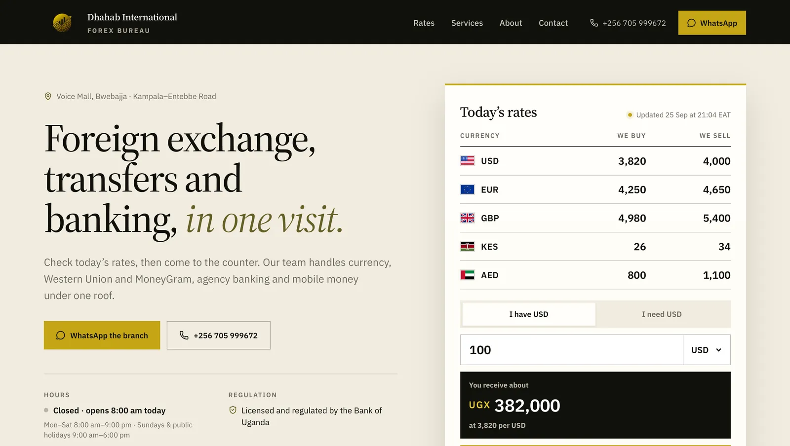 Dhahab International Forex Bureau website on a desktop screen