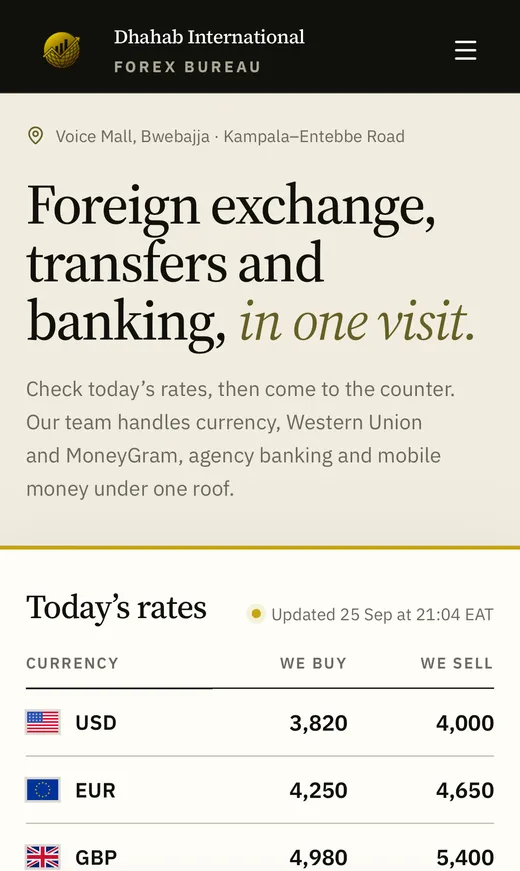 Dhahab International Forex Bureau website on a phone
